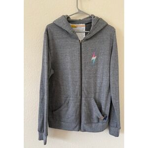 Aviator Nation Womens Gray Rainbow Lightning Bolt Full Zip Hoodie Sweatshirt L